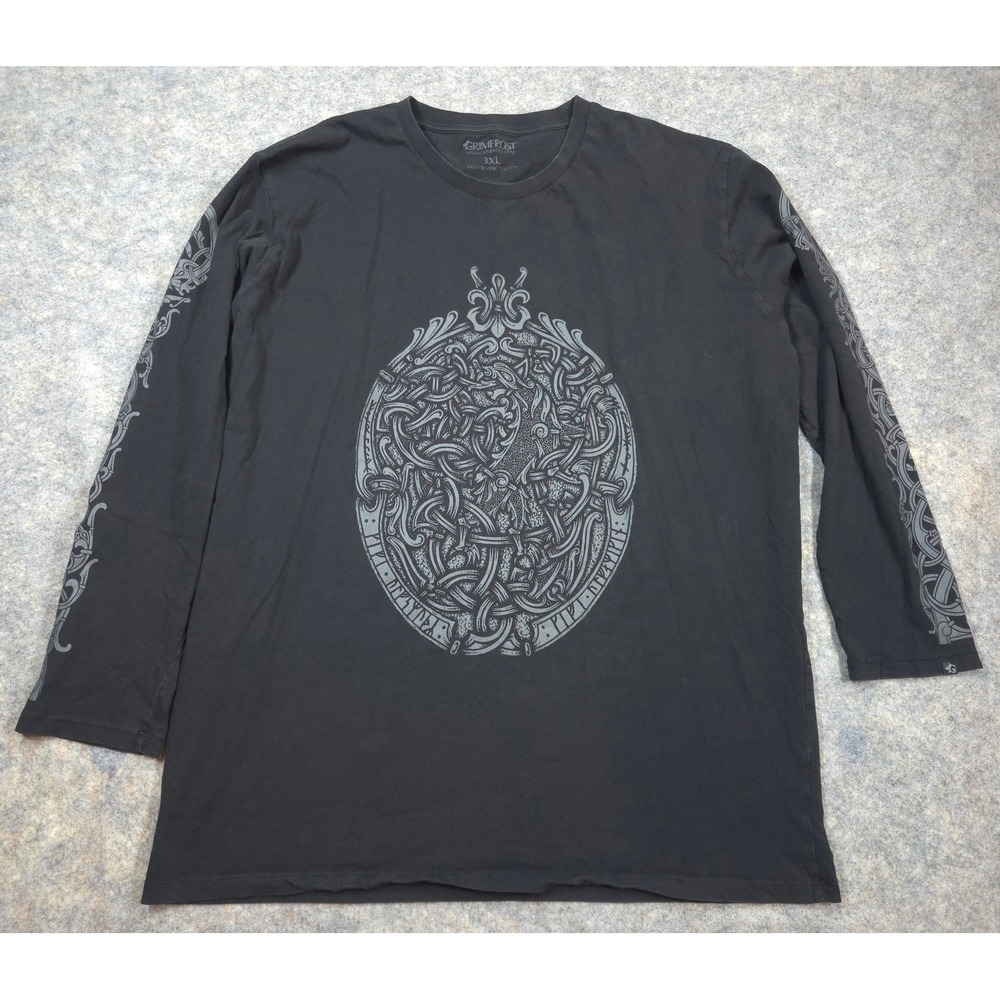 Grimfrost Viking Rune Knotwork Black Organic Cotton Long Sleeve Shirt Mens 3XL